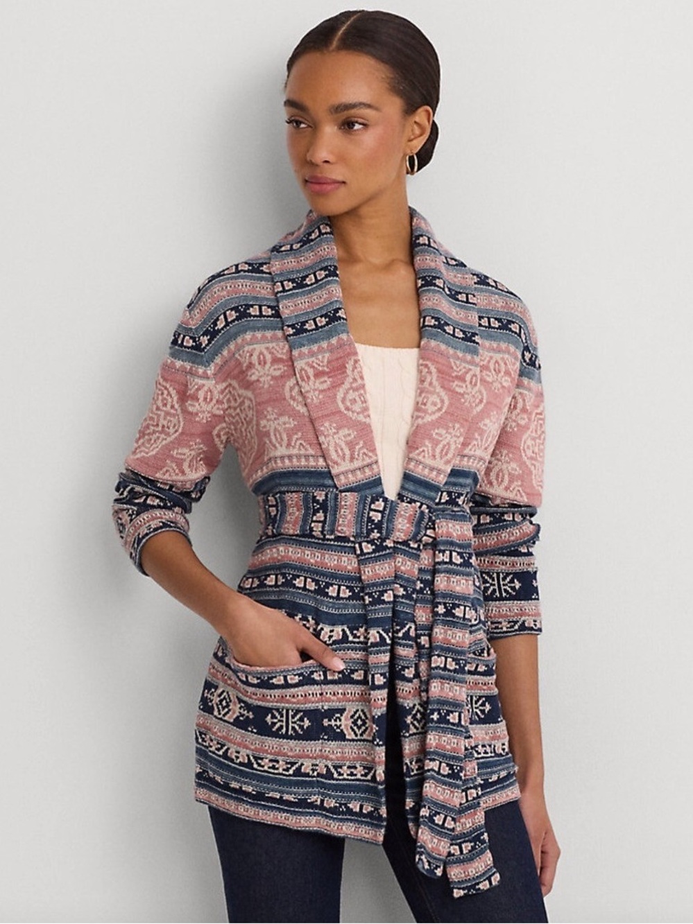 Polo Ralph Lauren Geo-Motif Belted
Linen-Cotton Cardigan